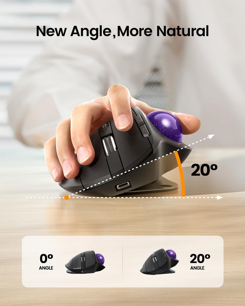 ProtoArc Wireless Trackball Mouse, EM01 NL Ergonomic Bluetooth Rollerball Thumb Rechargeable Computer Laptop Mouse, Adjustable Angle & 3 Device Connection for PC, Mac, Windows-Purple Ball - Image 2